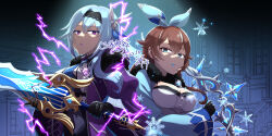  amber_(genshin_impact) blue_eyes blue_hair bow bow_(weapon) breasts brown_hair cleavage coat corruption electricity enemy_conversion eula_lawrence expressionless fatui_cryo_cicin_mage fatui_electro_cicin_mage female_only femsub genshin_impact japanese_text lipstick looking_at_viewer plum_bamboo612 purple_eyes sword symbol_in_eyes text translation_request weapon 