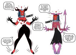  antenna bucket_helmet dialogue glamrockmangle12 helluva_boss hooves horns martha_(helluva_boss) mrs_mayberry resisting speech_bubble tech_control white_background yuri 