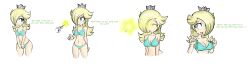 bare_shoulders before_and_after bikini blonde_hair breasts cleavage crown femsub glowing glowing_eyes hair_covering_one_eye heart heart_eyes hypnotic_light inflixion jewelry magic_wand nintendo princess princess_rosalina smile super_mario_bros. symbol_in_eyes text