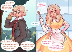 apron before_and_after blonde_hair bracelet clothed crossdressing dialogue dress glasses gloves hair_band hair_growth headband housewife lip_expansion loggus_doggus long_hair looking_at_viewer male_only malesub mole necklace opera_gloves pink_eyes short_hair speech_bubble stepfordization tagme text