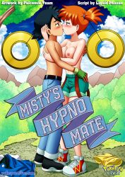  ash_ketchum black_hair blush comic cover femsub fingerless_gloves french_kiss hug jean_shorts jeans kissing malesub misty multiple_subs nintendo orange_hair outdoors palcomix pendulum pokemon pokemon_(anime) short_hair side_ponytail small_breasts sneakers sub_on_sub suspenders text topless 