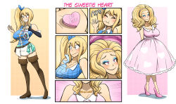 blonde_hair boots breasts brown_eyes cleavage dress eye_color_change eyeshadow fairy_tail femsub happy_trance high_heels hypnotic_food kobi94 large_breasts long_hair lucy_heartfilia makeup necklace pink_eyes shirt skirt smile spiral_eyes stepfordization thighs transformation