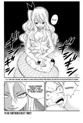 bottomless cleavage comic corruption fairy_tail femdom femsub greyscale long_hair lucy_heartfilia monochrome monster_girl naga_girl natsu_dragneel nude scales snake_girl spoilers tail text topless transformation