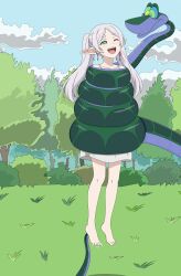 absurdres bare_legs bare_shoulders barefoot blush coils crossover disney earrings elf elf_ears feet femsub frieren frieren:_beyond_journey&#039;s_end grey_hair hanging_down happy_trance hypnotic_eyes jewelry kaa kaa_eyes legs long_hair maledom one_eye_open outdoors plant restrained rubio515 smile snake story the_jungle_book tickling trees twintails wink