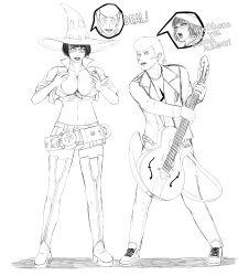 absurdres body_swap breast_grab breasts cleavage dialogue english_text femsub greyscale guilty_gear guitar happy_trance i-no jacket ky_kiske large_breasts malesub midriff monochrome multiple_subs navel pants shoes shorts simple_background sketch text thigh_boots tight_clothing umbra_callistis unhappy_trance white_background witch witch_hat