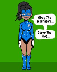  black_hair blueshift_(polmanning) femsub humor isankura meta original spiral_eyes super_hero text 