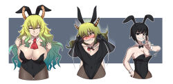 before_and_after black_hair blonde_hair blush breasts bunny_girl bunnysuit clare_(erasethismail) cleavage comic dragon_girl erasethismail fishnets horns large_breasts leotard long_hair miss_kobayashi's_dragon_maid multicolored_hair quetzalcoatl_(maidragon) simple_background smile transformation