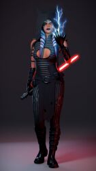 absurdres ahsoka_tano bare_shoulders belt black_lipstick boots cleavage corruption electricity expressionless female_only femsub gloves lightsaber lipstick mandaloking opera_gloves orange_eyes solo standing star_wars tattoo tentacles togruta twintails