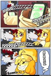 absurdres against_wall animal_crossing artifact_the_fox black_eyes blonde_hair breasts cheating comic corruption dog_girl evil_smile eyelashes eyeshadow femsub fox_boy furry glowhorn isabelle_(animal_crossing) large_breasts looking_back magic makeup maledom netorare nintendo nude open_mouth orange_eyes original paws phone phone_call pink_eyes ponytail red_hair sex sharp_teeth shiny_skin shortstack simple_background size_difference smile smug sweat tied_hair vaginal white_hair