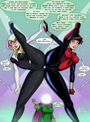  ass blonde_hair breasts brown_hair drool erect_nipples erect_nipples_under_clothes femdom femsub good_sub_conditioning gwen_stacy marvel_comics may_mayday_parker mysterio nipples polmanning pussy spider-girl spider-gwen spider-man_(series) spread_legs super_hero text 