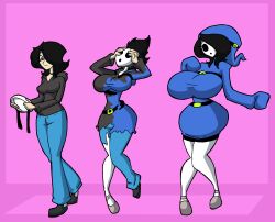 absurdres before_and_after black_hair breast_expansion breasts femsub huge_breasts hypnotic_accessory lordebonfuze mask nintendo original short_hair shyguy solo transformation