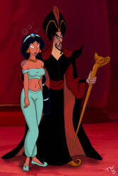 aladdin_(series) black_hair breasts collar dark_skin disney earrings expressionless femsub glowing glowing_eyes harem_outfit hat hypnotic_eyes jafar jewelry large_breasts long_hair magic magic_wand magician maledom open_mouth princess princess_jasmine red_eyes staff standing standing_at_attention trishbot western