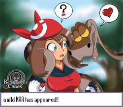  aged_up bandana brown_hair cheek_squish coils comic disney forest gameplay_mechanics gloves kaa large_breasts may_(pokemon) nintendo pokeball pokemon renaissanceofchaos short_hair snake speech_bubble text the_jungle_book watermark 