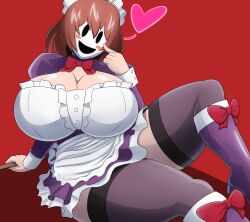 absurdres boots breasts brown_hair cleavage female_only femsub happy_trance heart huge_breasts looking_at_viewer maid maid_mask mask mechz short_hair sitting skirt solo tenkuu_shinpan thighhighs upskirt yandere