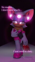  3d bat_girl circlet cleavage clothed dialogue earbuds female_only femsub furry gloves glowing_eyes heart high_heels hypnotic_accessory hypnotic_eyes looking_at_viewer maledom open_mouth opera_gloves pink_eyes rouge_the_bat solo sonic_the_hedgehog_(series) spiral spiral_eyes spiralrose23 standing tech_control text thigh_boots thighhighs 