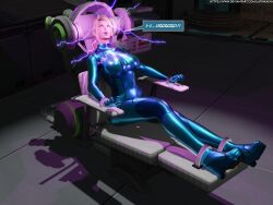  3d absurdres blender blonde_hair bodysuit chair electricity eye_roll female_only femsub large_breasts latinkaixa metroid_(series) nintendo open_mouth ponytail restrained samus_aran sitting solo suit tech_control text zero_suit 