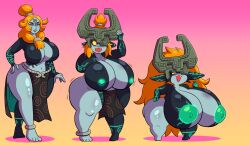  absurdres anklet ass_expansion barefoot before_and_after blue_skin blush bottomless breast_expansion breasts cleavage elf_ears fangs female_only femsub hair_growth hand_on_hip helmet huge_ass huge_breasts hyper_breasts imp loincloth long_hair midna nintendo nipples nude open_mouth orange_hair pink_eyes prinnydood red_eyes shortstack simple_background smug solo spiral_eyes symbol_in_eyes the_legend_of_zelda topless transformation twilight_princess very_long_hair yellow_sclera 