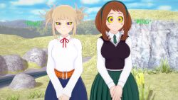 3d alternate_costume blonde_hair brown_hair femsub finalheart happy_trance himiko_toga my_hero_academia ochaco_uraraka short_hair spiral_eyes