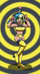  antenna canari_(pokemon) erect_nipples erect_nipples_under_clothes fembot femsub happy_trance headphones high_heels latex nintendo pokemon pokemon_legends_z-a robotization simple_background spiral_background spiral_eyes spiralwash_eyes supertechno324 swimsuit tech_control thigh_boots 