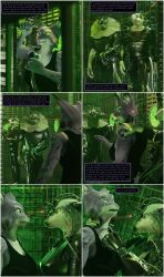  3d armor bodysuit borg cat_girl comic complex_background drone dronification expressionless furry hivemind hypnotized_hypnotist injection laser_pointer latex lizard_boy mass_hypnosis seal_girl star_trek tech_control text thalarynth_(manipper) 