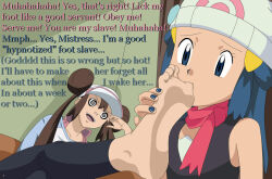  assertive_sub aware bare_shoulders barefoot beanie blue_eyes blue_hair brown_hair cap clothed dawn dialogue english_text evil_smile eyyoburgerking_(manipper) feet female_only femdom femsub foot_focus foot_licking hypnotized_dom laughing licking nail_polish nintendo pokemon pokemon_black_and_white_2 pokemon_diamond_pearl_and_platinum rosa_(pokemon) smile spiralwash_eyes submissive_hypnotist text trueshinobi01 yuri 