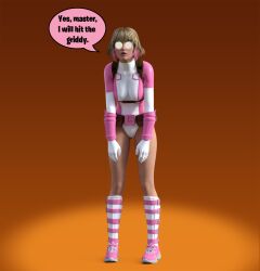  3d blonde_hair costume dazed dialogue female_only femsub fortnite gwenpool humor hypnot-eyes marvel_comics pink_hair spiral_eyes symbol_in_eyes text theheckle 