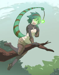  bottomless breasts cameko-chan_(porforever) female_only femsub glowing glowing_eyes green_eyes green_hair happy_trance hypnotic_tail lizard_girl majinsfw original pendulum prehensile_tail self_hypnosis short_hair small_breasts smile tail topless 