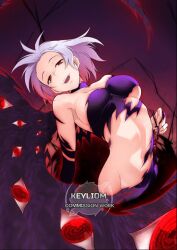  aura bandai_namco bare_shoulders breasts dead_source digimon digimon_world_re:digitize digimon_xros_wars eye_color_change femsub glasses glowing_eyes keyliom looking_at_viewer mirei_mikagura navel possession purple_hair red_eyes ring_eyes shademon short_hair watermark 