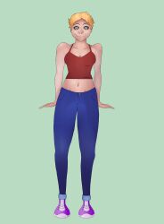  absurdres bare_shoulders blonde_hair clothed collarbone crop_top female_only femsub happy_trance jeans midriff nievart nose_ring pants shoes short_hair simple_background smile sneakers solo spiralwash_eyes standing standing_at_attention tank_top 