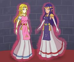 a_link_between_worlds blonde_hair bracelet clothed crown dress earrings elf elf_ears empty_eyes expressionless female_only femsub gloves glowing multiple_girls multiple_subs mythkaz nintendo opera_gloves princess princess_hilda princess_zelda purple_hair red_eyes small_breasts standing the_legend_of_zelda 
