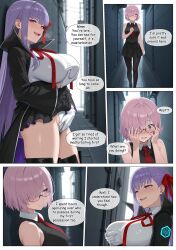 ai_art bb_(fate/extra_ccc) breast_fondling comic cosplay costume dialogue english_text fate/extra_ccc fate/grand_order fate_(series) femsub fingering glasses gloves kodawarite_(generator) large_breasts long_hair looking_at_viewer maledom mashu_kyrielight masturbation outdoors panties pink_hair possession purple_hair short_hair speech_bubble text thighhighs thighs