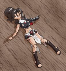 black_hair breasts brown_hair clothed curly_hair doll doll_joints dollification empty_eyes female_only femsub gladiator_sandals happy_trance loincloth long_hair lying midriff mythkaz navel on_back overwatch ponytail smile solo vendetta_(overwatch) 