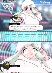    blue_eyes chubby clothed dumbskull eyebrows_visible_through_hair female_only femsub gameplay_mechanics gloves green_hair happy_trance large_breasts long_hair looking_at_viewer melony_(pokemon) milf nail_polish nintendo open_mouth pokeball pokemon pokemon_sword_and_shield shrunken_irises smile solo spiral_eyes stage statue sweater text wrist_band 