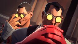  3d artist_request black_hair brown_hair evil_smile gloves humor hypnotized_dom male_only maledom medic_(team_fortress_2) scout_(team_fortress_2) short_hair smile source_filmmaker team_fortress_2 tech_control valve 