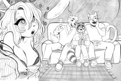  animal_ears bare_shoulders blush body_control bra breasts bunny_girl candy_(peonybunny) cat_boy cleavage clothed couch dog_boy doll drool femsub furry greyscale hair_covering_one_eye heterosexual maledom multiple_boys one_eye_open open_clothes open_mouth original pants penis peonybunny raccoon_boy rafe_(cyansatyr) ring_eyes shirt shoes sitting spiral tagme tail tongue tongue_out undressing voodoo_doll wink 