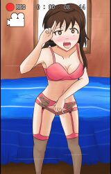 breasts brown_eyes brown_hair female_only femsub garter_belt garter_straps happy_trance heart heart_eyes kosaki_onodera masturbation nisekoi open_mouth saluting smeef solo symbol_in_eyes tongue tongue_out