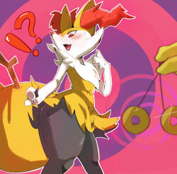  blush braixen coin female_only femsub furry hypno large_hips nintendo open_mouth pendulum pokemon pokemon_(creature) red_eyes simple_background smile solo spiral_background standing sweat tale 