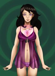 absurdres brown_hair female_only hypnogoat666 hypnotic_accessory lingerie necklace pink_eyes spiral_eyes standing standing_at_attention symbol_in_eyes underwear