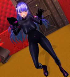  3d blue_eyes blue_hair blush bodysuit boots catsuit collar custom_maid_3d_2 dfish303 drone drool empty_eyes erect_nipples_under_clothes female_only femsub hypnotic_accessory latex long_hair looking_at_viewer mask navel_piercing rubber solo tongue tongue_out 