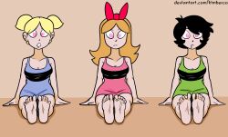 absurdres barefoot black_hair blonde_hair blossom breasts bubbles buttercup drool feet female_only femsub foot_focus hair_ribbon kimberco large_breasts open_mouth ponytail powerpuff_girls red_hair ribbon short_hair spiral_eyes symbol_in_eyes western