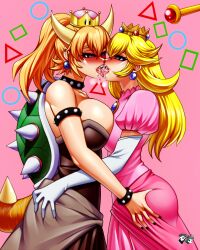 absurdres blonde_hair blush bowsette breast_press breasts cleavage crown drool earrings female_only femsub gloves happy_trance horns jadenkaiba jewelry kissing large_breasts long_hair magic multiple_girls new_super_mario_bros._u_deluxe nintendo open_mouth princess princess_peach ring_eyes sub_on_sub super_crown super_mario_bros. symmetrical_docking tongue tongue_out transformation yuri