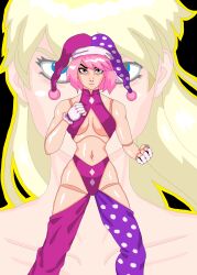  blonde_hair blue_eyes candy_(town_of_magic) celica_(town_of_magic) clothed collarbone doll_joints femsub gloves hat jester light_skin looking_at_viewer mspainter navel pink_hair possession puppet purple_eyes simple_background standing town_of_magic underboob 