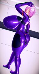  3d ass blush bodysuit breast_expansion breasts collar custom_maid_3d_2 empty_eyes evil_smile fate/grand_order fate_(series) female_only femsub happy_trance huge_breasts hyper_breasts lipstick looking_at_viewer mashu_kyrielight pink_hair purple_eyes purple_lipstick rubber short_hair smile solo standing thick_thighs yukoruni 