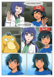  ash_ketchum blue_hair breasts chrysa_(pokemon) comic hair_growth hypnotic_eyes large_breasts long_hair mother_and_daughter nintendo pokemon pokemon_(anime) pokemon_(creature) pokemon_journeys psychic psyduck text thick_thighs trainerashandred35 transformation transgender 
