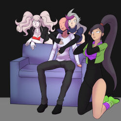 bald bent_over black_hair blonde_hair boots cleavage clothed couch dangan_ronpa dragon_quest_(series) dragon_quest_xi emma_bessho faceless_male femsub grey_hair happy_trance high_heels jade_(dragon_quest_xi) junko_enoshima katsiika kneeling large_breasts long_hair looking_at_viewer maledom multiple_girls multiple_subs pants ponytail shirt shrunken_irises sitting standing twintails very_long_hair yu-gi-oh! yu-gi-oh!_vrains