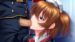 blue_eyes brown_hair censored fellatio femsub gloves hand_on_head huracan kyonyuu_gunjin_shihai_saimin lune maledom military_uniform nina_weisswenger oral penis unhappy_trance uniform