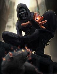  alternate_costume black_eyes boots corvo_attano dishonored expressionless fingerless_gloves gloves glowing hoodie male_only maledom mask misha_ignatov possession spread_legs squatting 