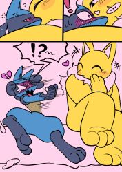  blush comic confused embarrassed eye_color_change female_hypno femdom furry heart heavy_eyelids hypno lucario malesub nintendo pokemon pokemon_(creature) powerandy purple_eyes red_eyes speech_bubble trance_break wholesome 