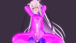  3d arms_above_head blush bodysuit control_indicator custom_maid_3d_2 dark_side_ruler drool empty_eyes female_only femsub grey_hair hair_ornament heart latex long_hair looking_at_viewer red_eyes rubber simple_background solo spread_legs squatting symbol_in_eyes thick_thighs tongue tongue_out twintails very_long_hair yabai_(dark_side_ruler) 