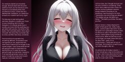  ai_art blush caption cleavage closed_eyes consensual drool femsub good_sub_conditioning gradient_background happy_trance large_breasts maledom manip office_lady pizzarug_(generator) smile stable_diffusion_(ai) text white_hair 